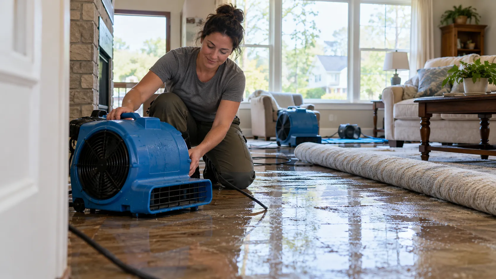 Water damage restoration technician drying a flooded living room in Memphis